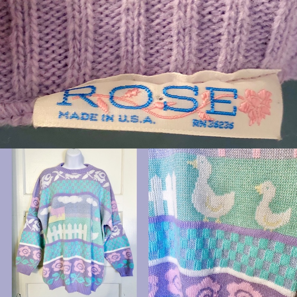 Vintage 80s oversize fairy kei Kawaii Rose metallic pastel sweater w geese ducks